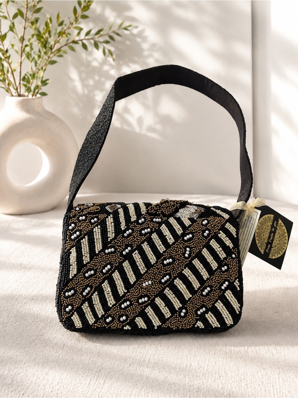🖤 Handcrafted in India Beaded Black, Gold & Silver Shoulder Bag - Picture 2 of 4